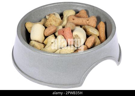 cibo per cani in ciotola di alimentazione isolato su sfondo bianco Foto Stock