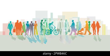 Un grande gruppo colorato di persone in città. illustrazione Illustrazione Vettoriale
