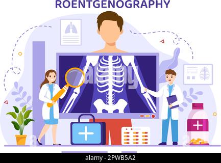 Illustrazione della Roentgenografia con procedura di controllo del corpo in fluorografia, scansione a raggi X o Roentgen in Health Care Flat Cartoon modelli disegnati a mano Illustrazione Vettoriale