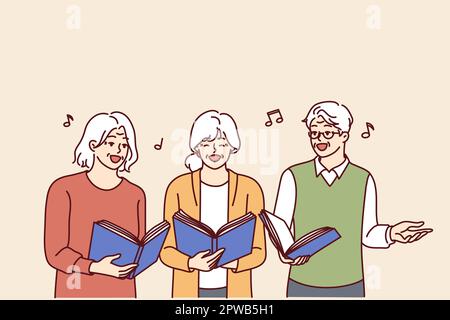 Chorus anziani uomini e donne con libri di lavoro in mani cantare canzoni insieme e godere la vecchiaia Illustrazione Vettoriale