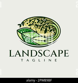 Vintage colorato natura paesaggio logo branding. Design ovale a foglia e logo ad albero. Illustrazione Vettoriale