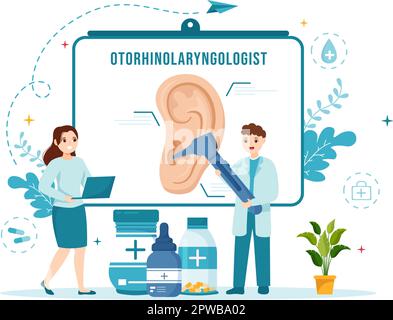 Illustrazione di Otorhinolaryngologist con medico relativa all'orecchio, al naso e alla gola in modelli di landing page disegnati a mano di Cartoon piano sanitario Illustrazione Vettoriale
