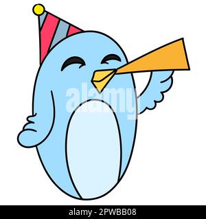 compleanno uccello blu che soffia tromba. immagine dell'icona di doodle Illustrazione Vettoriale