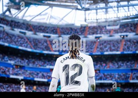 Mardrid, Spagna. 29th Apr, 2023. Eduardo Camavinga (Real Madrid) durante la partita di calcio tra&#XA;Real Madrid e Almeria&#XA;valida per il giorno 32 della prima divisione spagnola “la Liga” celebrata a Madrid, Spagna, presso lo stadio Bernabeu sabato 29 aprile 2023 Credit: Live Media Publishing Group/Alamy Live News Foto Stock