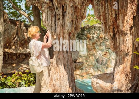Donna anziana che scatta foto su un telefono cellulare di sculture in un parco naturale. Foto Stock