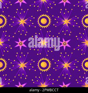 Modello cosmico vettoriale senza cuciture di pianeti e stelle su sfondo viola scuro. Ripetizione del design celeste. Spazio astratto. Astronomia, astrologia, esoterismo. Carta da parati, carta da imballaggio, tessuto Illustrazione Vettoriale