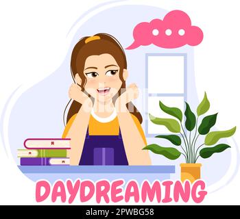 Persone Daydreaming Illustration con immagini e fantasie in Bubble per Landing Page o Poster Templates in Flat Cartoon disegnato a mano Illustrazione Vettoriale