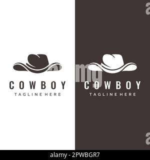 Modello con logo a cappello da cowboy dalla silhouette semplice isolato su sfondo bianco e nero. Illustrazione Vettoriale