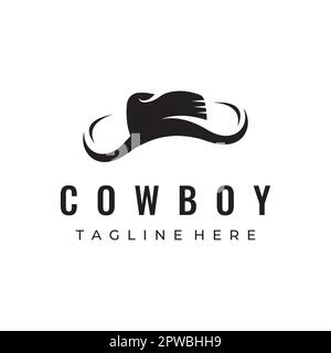 Modello con logo a cappello da cowboy dalla silhouette semplice isolato su sfondo bianco e nero. Illustrazione Vettoriale