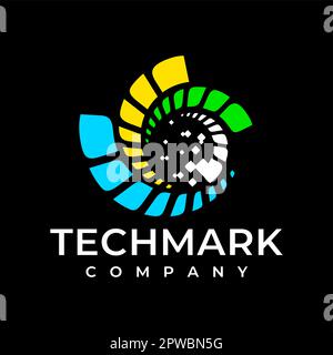 Design del logo digitale a cerchio in pixel. Logo astratto della moderna tecnologia dinamica. Illustrazione Vettoriale