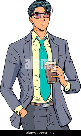 Un uomo in bicchieri e vestito si alza e tiene una tazza di caffè con la mano. Dipendente di successo e felice dell'azienda. Pop Art retro Illustrazione Vettoriale