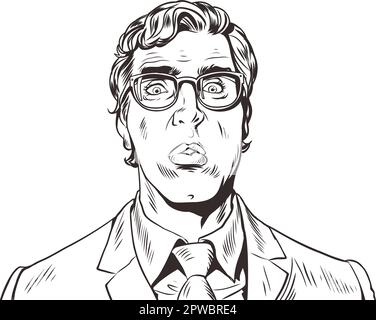 Ansia e ansia per la decisione. Illustrazione in bianco e nero. Un uomo in un vestito e occhiali è sorpreso, puzzled.Pop Art retro Illustrazione Vettoriale