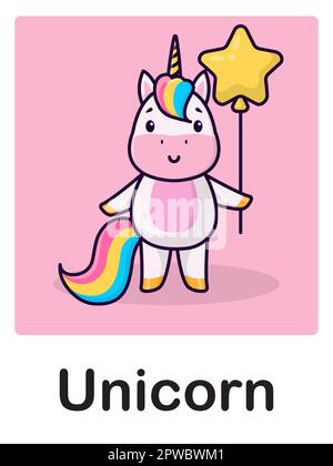 Baby card con illustrazione unicorno e scritte. Cartoon simpatico unicorno. Illustrazione vettoriale Illustrazione Vettoriale