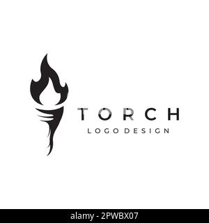 Torcia liberty minimalista modello con logo. Torcia dalla forma semplice. Elegante lettera T, fuoco e colonna. Illustrazione Vettoriale