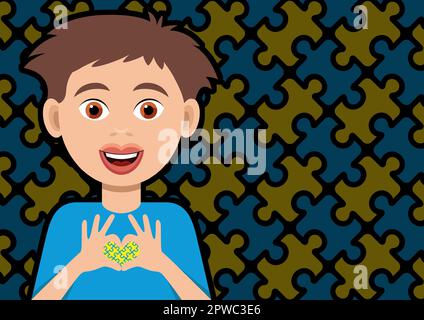 Ragazzo che forma un cuore con le sue mani e puzzle modello che rappresenta la mente di una persona sindrome Down Illustrazione Vettoriale