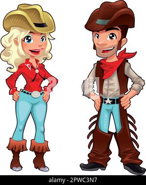 Cowboy e cowgirl. Simpatici cartoni animati e personaggi vettoriali, oggetti isolati Illustrazione Vettoriale