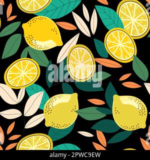Motivo botanico senza cuciture con illustrazione vettoriale di limoni e foglie Illustrazione Vettoriale