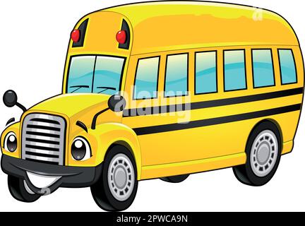 Divertente scuolabus. Cartone animato e carattere vettoriale isolato. Illustrazione Vettoriale