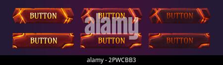 Set di animazione pulsanti gioco lava. Disegno vettoriale di cornici in pietra con crepe arancioni. Menu, impostazioni, riproduzione, accesso, azione clic. Animazione Illustrazione Vettoriale
