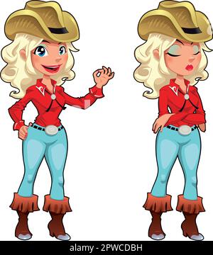 Espressioni Cowgirl. Simpatici cartoni animati e personaggi isolati vettoriali Illustrazione Vettoriale