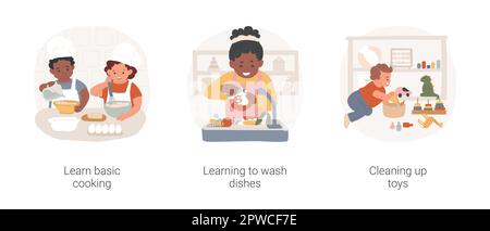 Toddler attività asilo infantile isolato cartone animato vettore illustrazione set. Impara la cucina di base, lavati piatti, ripulisci i giocattoli, le abilità di auto-cura, animazione educativa dell'esercizio della prima infanzia. Illustrazione Vettoriale