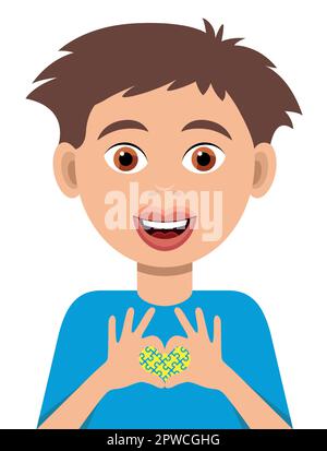 Ragazzo che forma un cuore con le sue mani e puzzle modello che rappresenta la mente di una persona sindrome Down Illustrazione Vettoriale