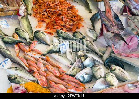 Pesce fresco e frutti di mare al mercato di Vucciria a Palermo Foto Stock