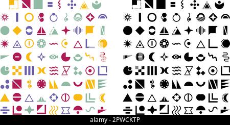 Set di elementi grafici. Bauhaus e stile brutalistico ispirato. Elementi lineari astratti vettoriali e forme geometriche audaci. Ideale per poster, volantini, copertine, web design. Forme futuristiche retrò Illustrazione Vettoriale