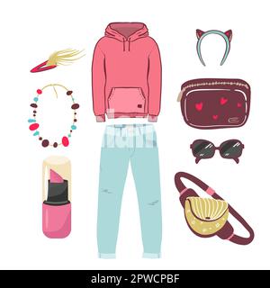 Collage vettoriale disegnato a mano di abiti e accessori da donna isolato su sfondo bianco. Un outfit dallo stile casual ed elegante e femminile. Felpa con cappuccio Illustrazione Vettoriale