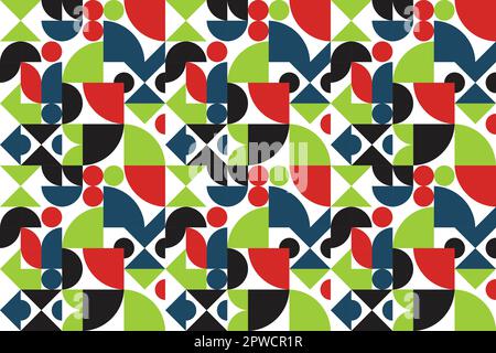 Sfondo geometrico piatto astratto colorato. Stile Bauhaus retrò con motivi senza cuciture nei colori verde, blu e nero. Elementi decorativi di design moderno. Illustrazione vettoriale Illustrazione Vettoriale