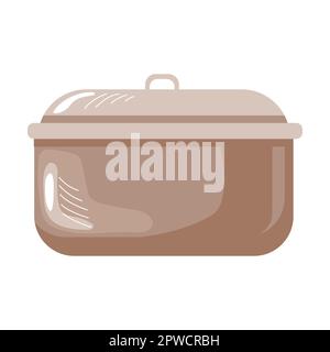 Pentola da cucina con coperchio, utensile e utensile. Illustrazione vettoriale dell'accessorio per cucinare, friggere o mangiare cibo. Cartone animato isolato su bianco Illustrazione Vettoriale