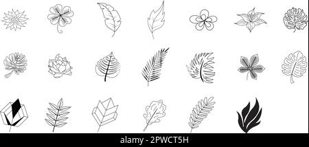 Un set di ramoscelli disegnati a mano con foglie. Stile Doodle. Elementi botanici, vegetali per la progettazione di cartoline, inviti. Isolato su bianco. Set di design di lusso per matrimoni e decorazioni. Illustrazione Vettoriale