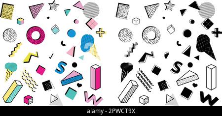 Forme astratte colorate insieme geometrico. simboli vettoriali e segni in stile piatto alla moda. Ideale per poster, volantini, copertine, web design. Forme geometriche di memphis, elementi surreali. Illustrazione Vettoriale