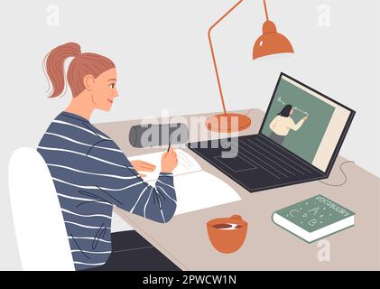 Donna che guarda una videoconferenza sullo schermo del notebook. Illustrazione Vettoriale