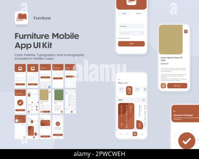 Kit UI per app mobile mobile mobili con più schermate come accesso, creazione account, profilo, ordine e pagamento. Illustrazione Vettoriale