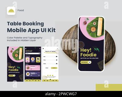 Kit interfaccia utente per app mobile Table Booking con registrazione, menu di ristorazione, schermata di prenotazione per ristorante o hotel. Illustrazione Vettoriale