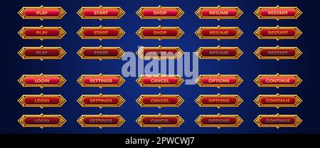 Set di cartoni animati del gioco medievale set di animazione pulsanti. Illustrazione vettoriale di barre rosse con cornici dorate. Gioca, avvia, acquista, Riprendi, riavvia, login, impostazioni, annulla, opzione, continua foglio di sprite Illustrazione Vettoriale