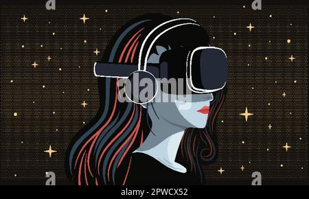 Illustrazione vettoriale della giovane donna che indossa VR Box con cuffie su sfondo stellato Dark Galaxy. Illustrazione Vettoriale