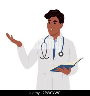 Medico felice sta parlando spiegando qualcosa, gesturing con la mano. Un medico in un abito medico. Illustrazione Vettoriale
