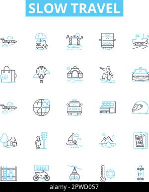 Icone linea vettoriale di marcia lenta impostate. Lento, Viaggi, sostenibile, Ecoturismo, responsabile, Illustrazione locale basata sulla comunità, simboli del concetto di contorno e. Illustrazione Vettoriale