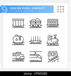 Set di icone lineari pixel Perfect per la logistica ferroviaria Illustrazione Vettoriale