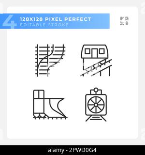 Set di icone lineari pixel Perfect per veicoli ferroviari Illustrazione Vettoriale