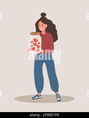 Concetto di donazione e beneficenza. Donna volontaria che tiene in mano vaso di vetro con cuori rossi. Regala e condividi il tuo amore. Sostegno e speranza per i senzatetto e. Illustrazione Vettoriale