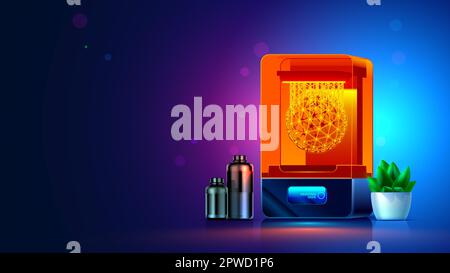 stampante 3d sul desktop del tecnico. stampa 3d, prototipazione di parti nell'industria. stampante 3d con copertina in vetro arancione modello 3d stampato in plastica Illustrazione Vettoriale
