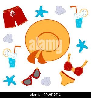 Tempo di spiaggia impostato. Illustrazioni in stile cartoon piatto. Illustrazione Vettoriale