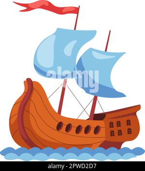 Nave a vela con bandiera, vecchia nave in legno per il viaggio Illustrazione Vettoriale