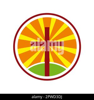 Una croce, un paesaggio e un'alba o un tramonto sullo sfondo. Modello vettoriale, logo rotondo Illustrazione Vettoriale