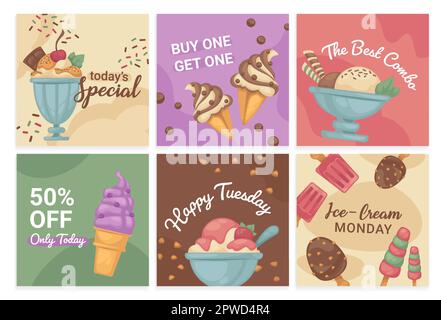 Post-set sui social media con offerta gelato dessert Illustrazione Vettoriale