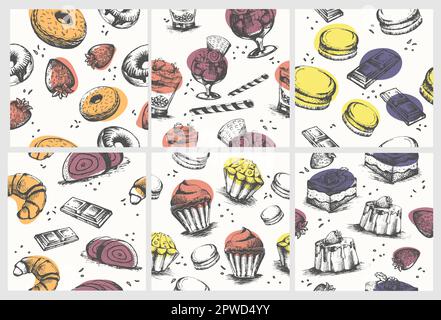 Set di motivi decorativi con dessert disegnati a mano Illustrazione Vettoriale