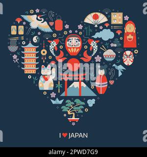 Love Japan Travel Stampa stilizzata a forma di cerchio Illustrazione Vettoriale